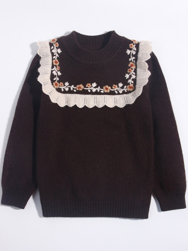 (image for) Girls Chocolate Brown Ruffled Floral Yoke Cashmere Sweater